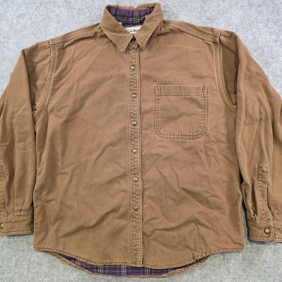 VTG LL Bean Shirt Jacket Mens Small? Brown Canvas Plaid Flannel Lined Workwear - Picture 3 of 12
